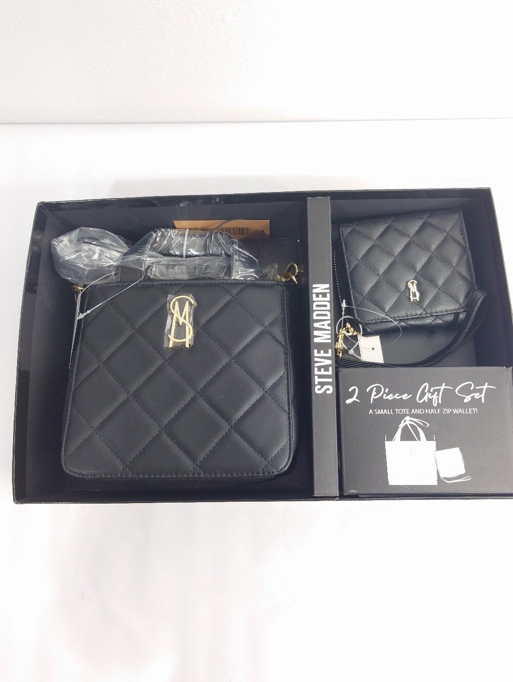 NWT Steve Madden Black Quilted 2 Piece Tote & Wallet Gift Set